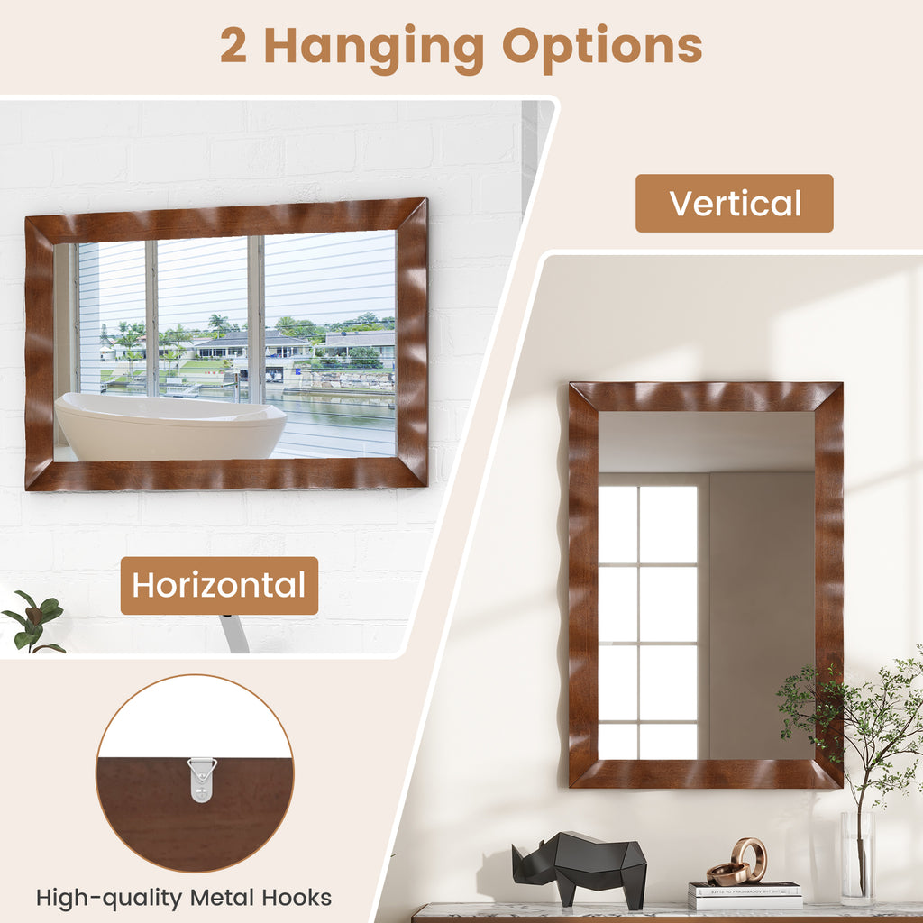 Brown Farmhouse Wall Mirror 41.5x28 Inches Solid Wood Frame Rustic Decor