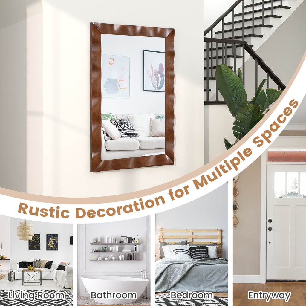 Brown Farmhouse Wall Mirror 41.5x28 Inches Solid Wood Frame Rustic Decor