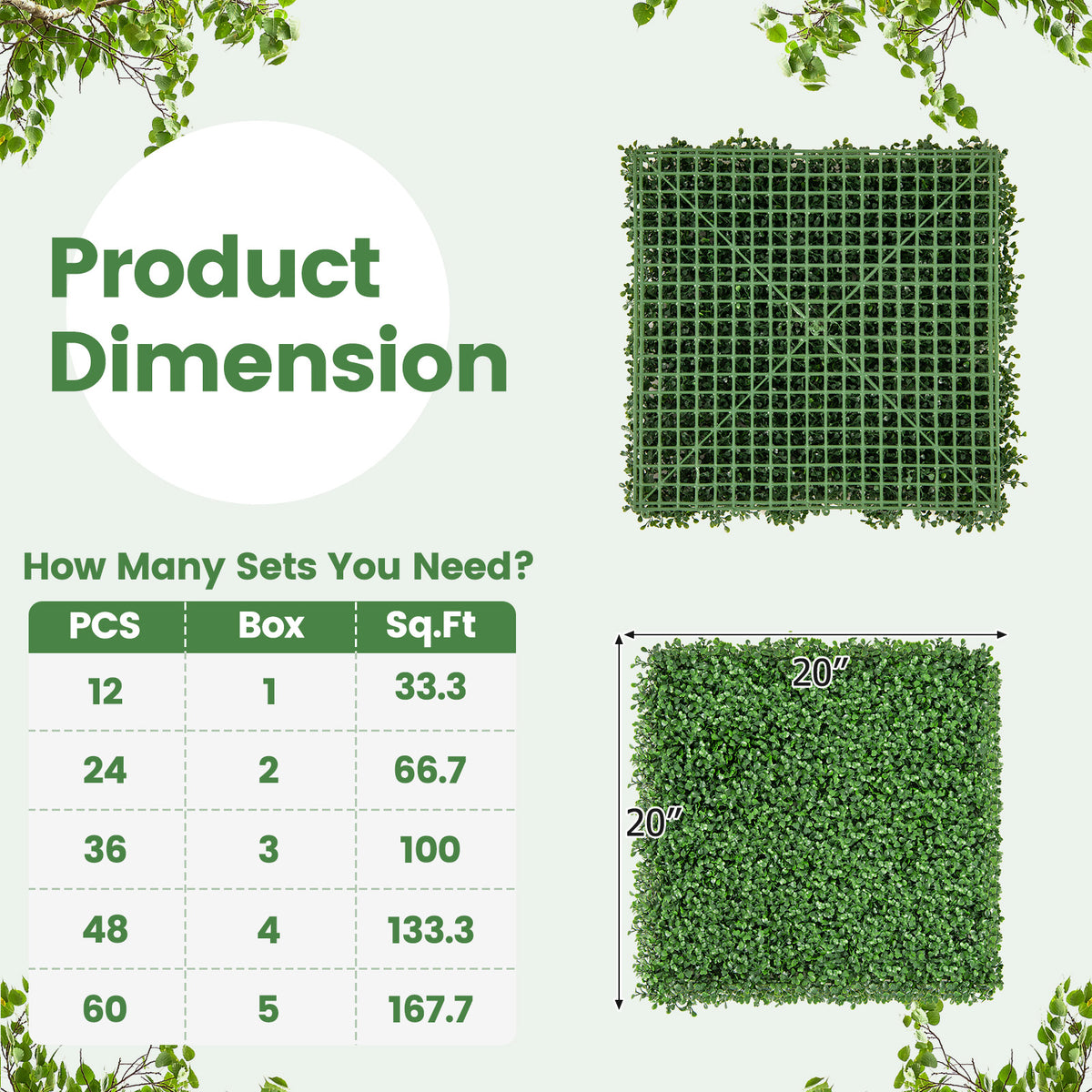 Boxwood Artificial Wall Panels - 20x20 Inch with Insertable Branches, Dense Foliage, Indoor Outdoor Use - Variation: Boxwood