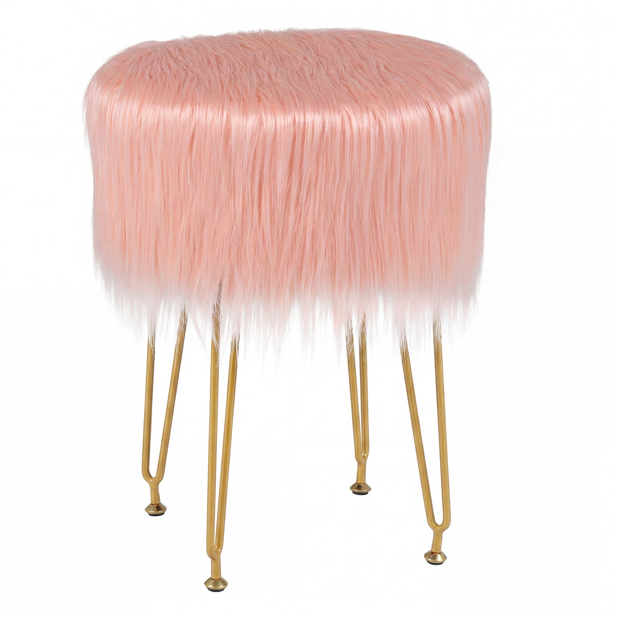Faux Fur Round Vanity Stool with Padded Seat - Pink