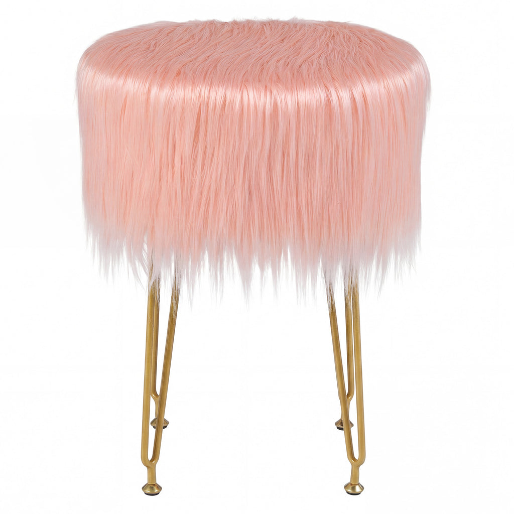 Faux Fur Round Vanity Stool with Padded Seat - Pink