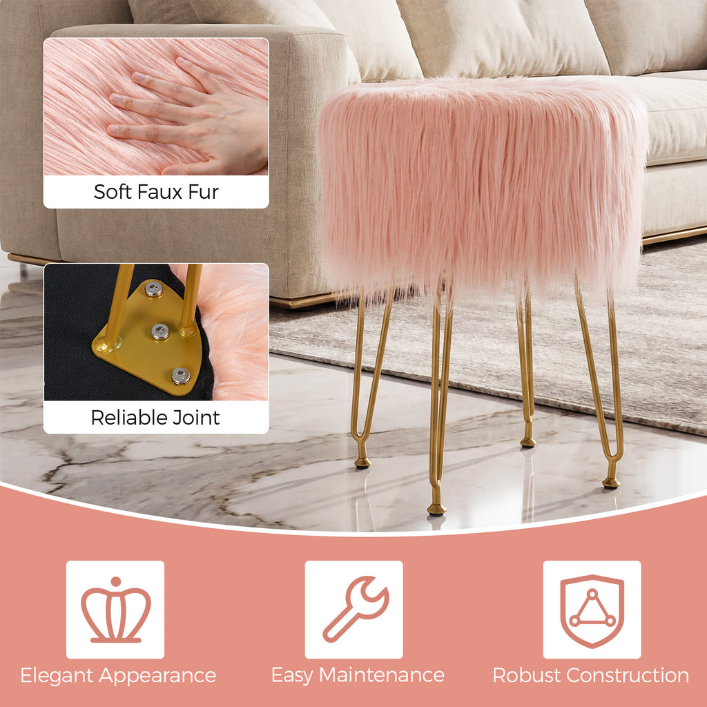 Faux Fur Round Vanity Stool with Padded Seat - Pink