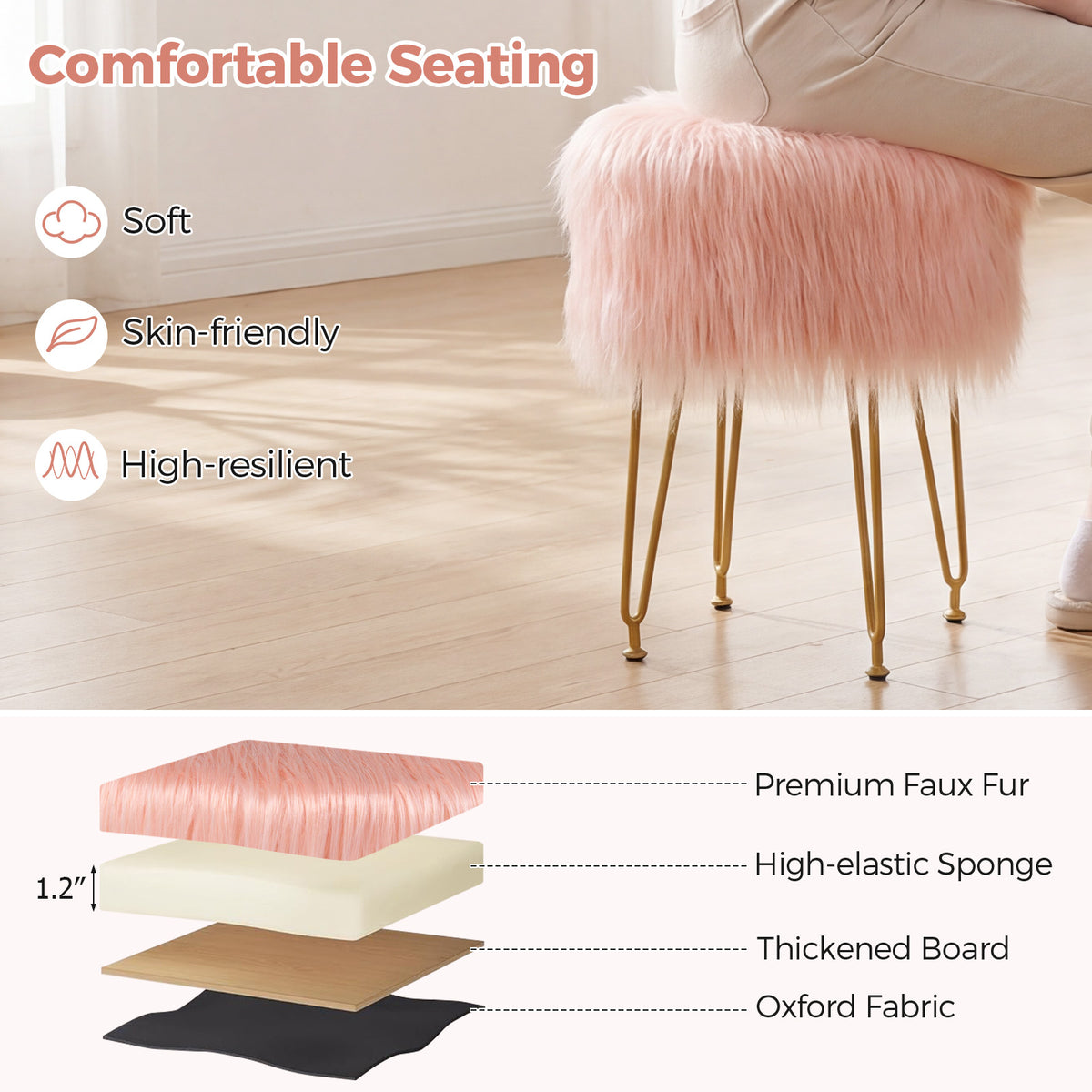 Faux Fur Round Vanity Stool with Padded Seat - Pink
