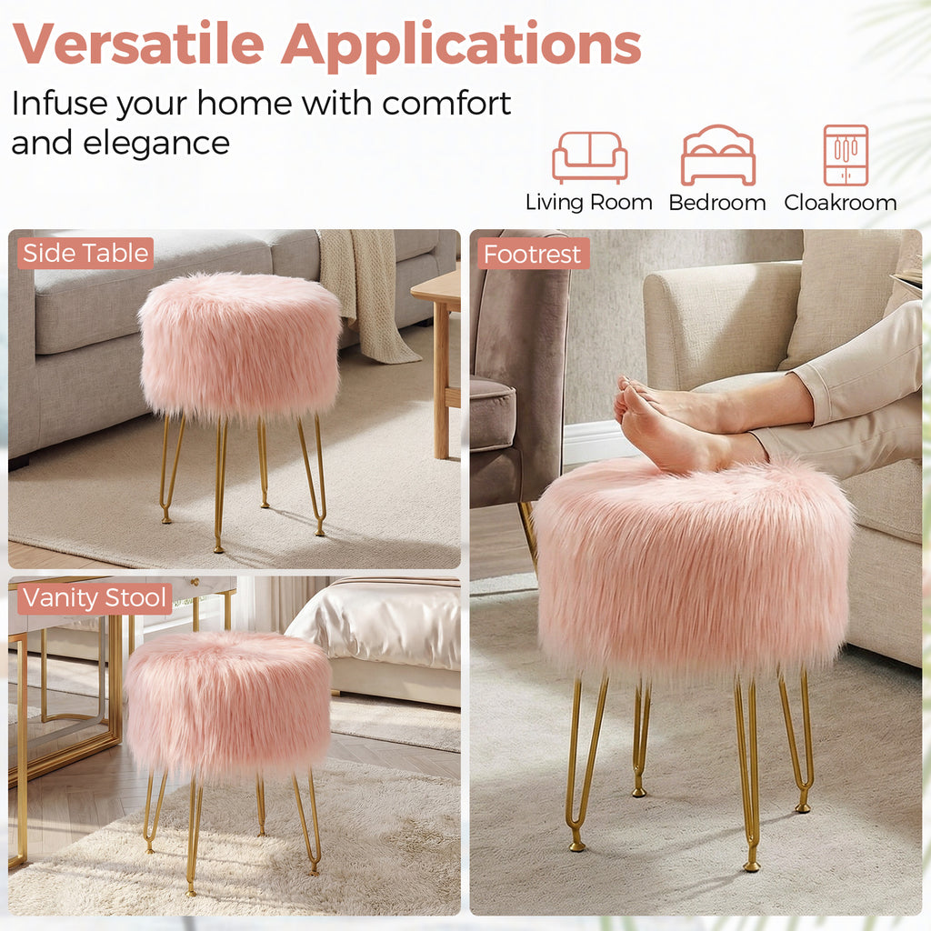 Faux Fur Round Vanity Stool with Padded Seat - Pink