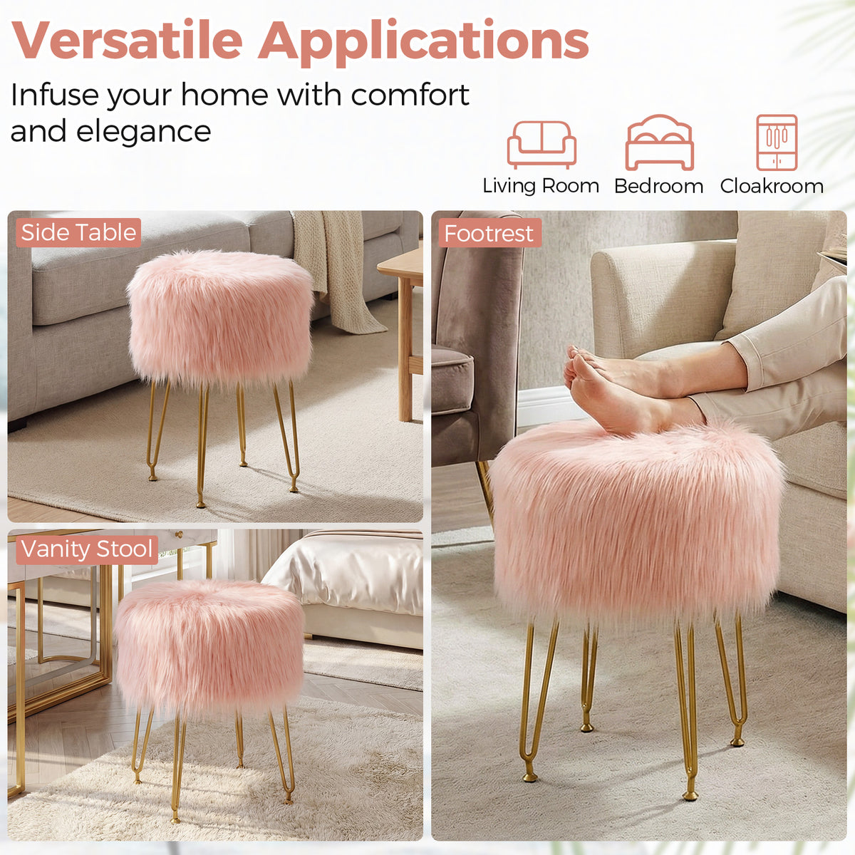 Faux Fur Round Vanity Stool with Padded Seat - Pink