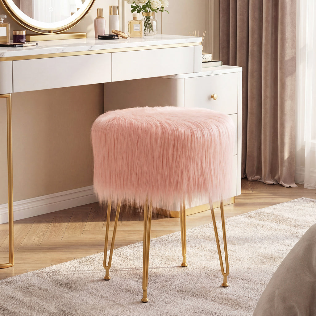 Faux Fur Round Vanity Stool with Padded Seat - Pink