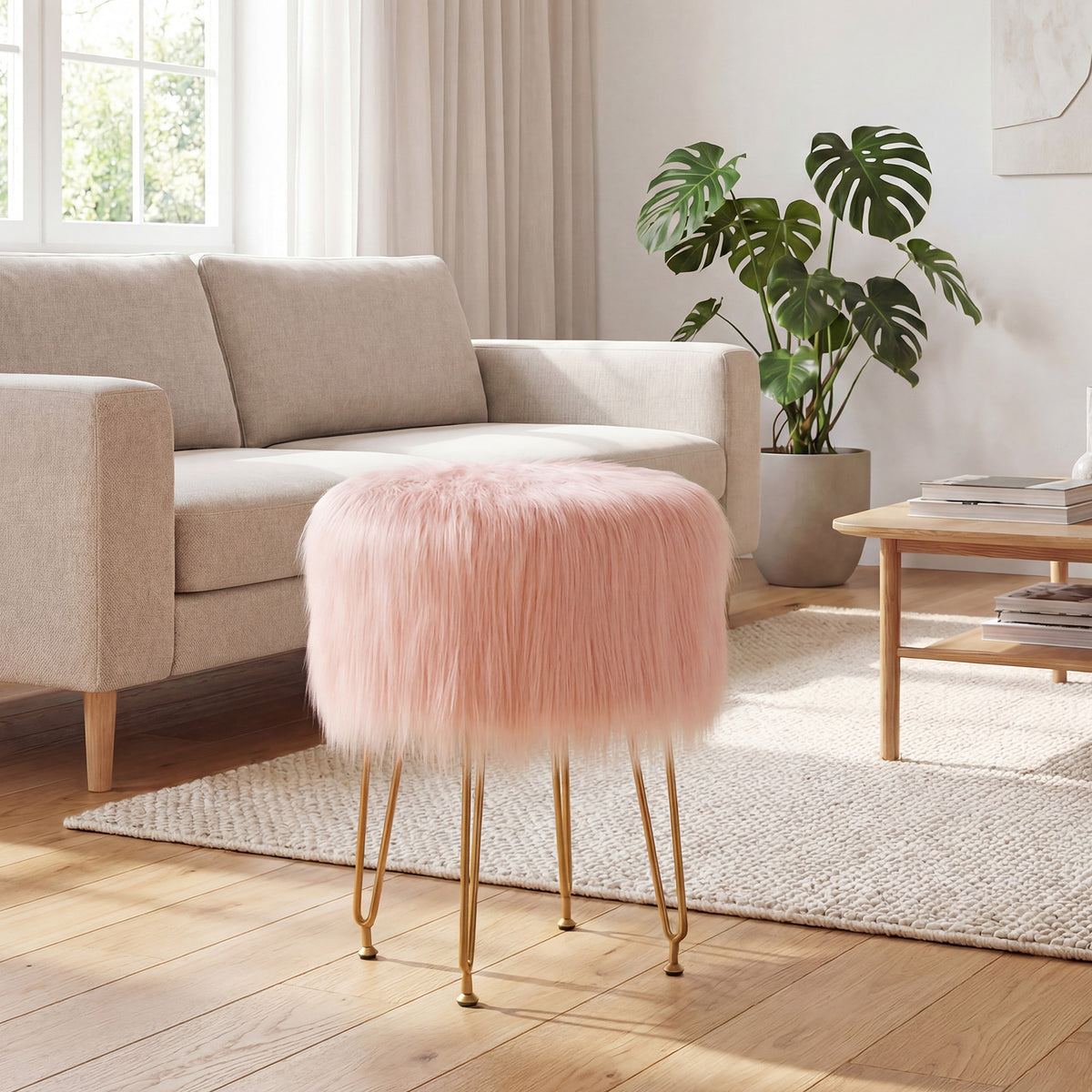 Faux Fur Round Vanity Stool with Padded Seat - Pink