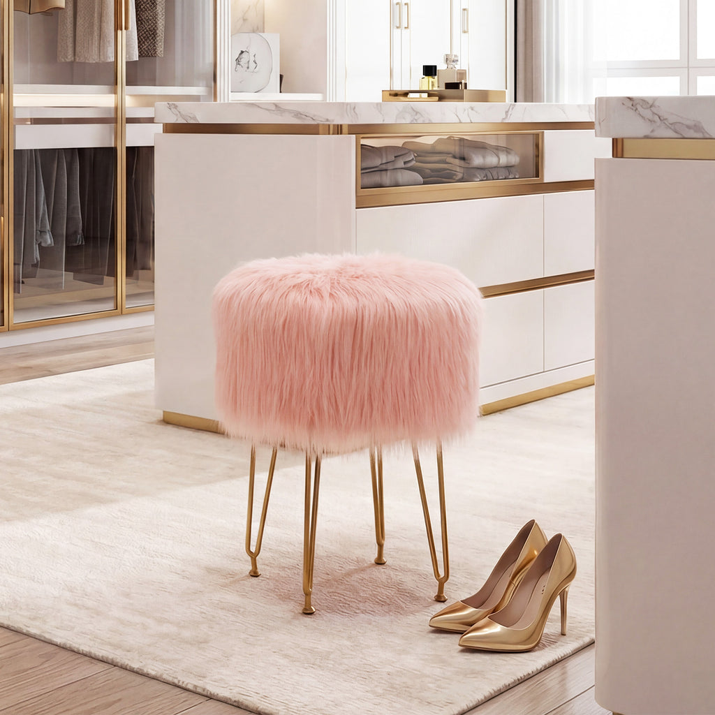 Faux Fur Round Vanity Stool with Padded Seat - Pink