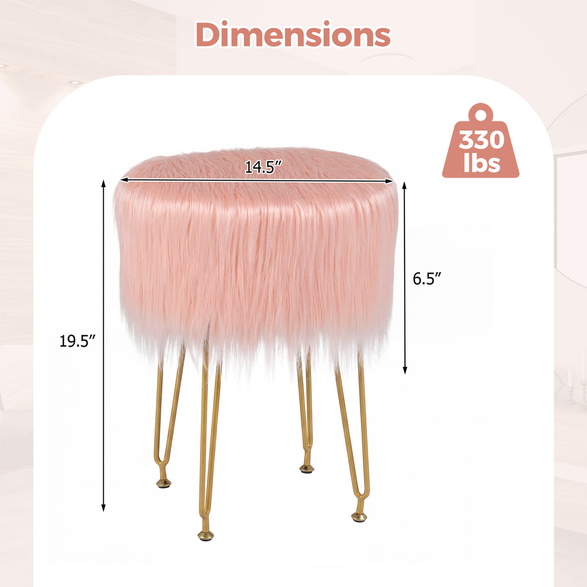 Faux Fur Round Vanity Stool with Padded Seat - Pink