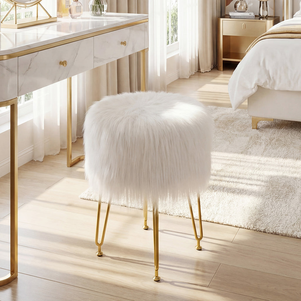 Faux Fur Round Vanity Stool with Padded Seat - Pink