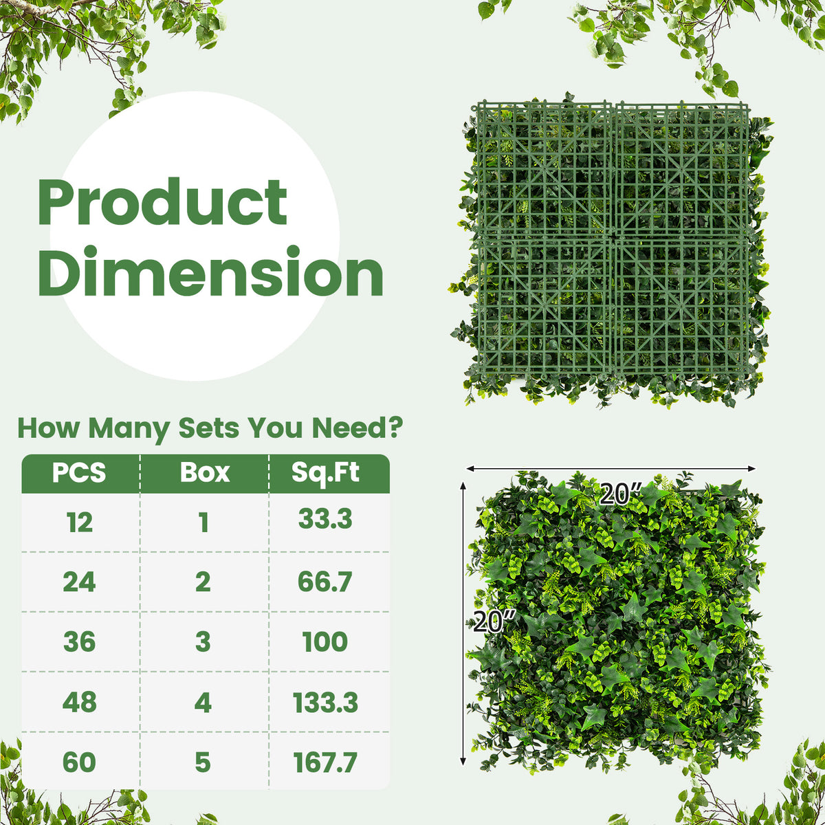 Artificial Greenery Foliage Panels - Mixed Leaves, 20x20 Inch, 12 Pack