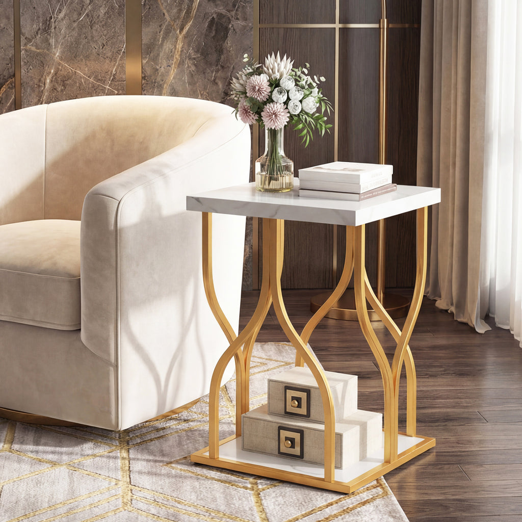 Faux Marble Bedside Night Stand with Petal Frame, White