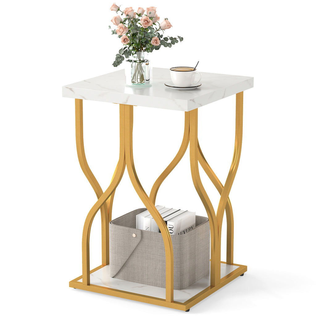 Faux Marble Bedside Night Stand with Petal Frame, White