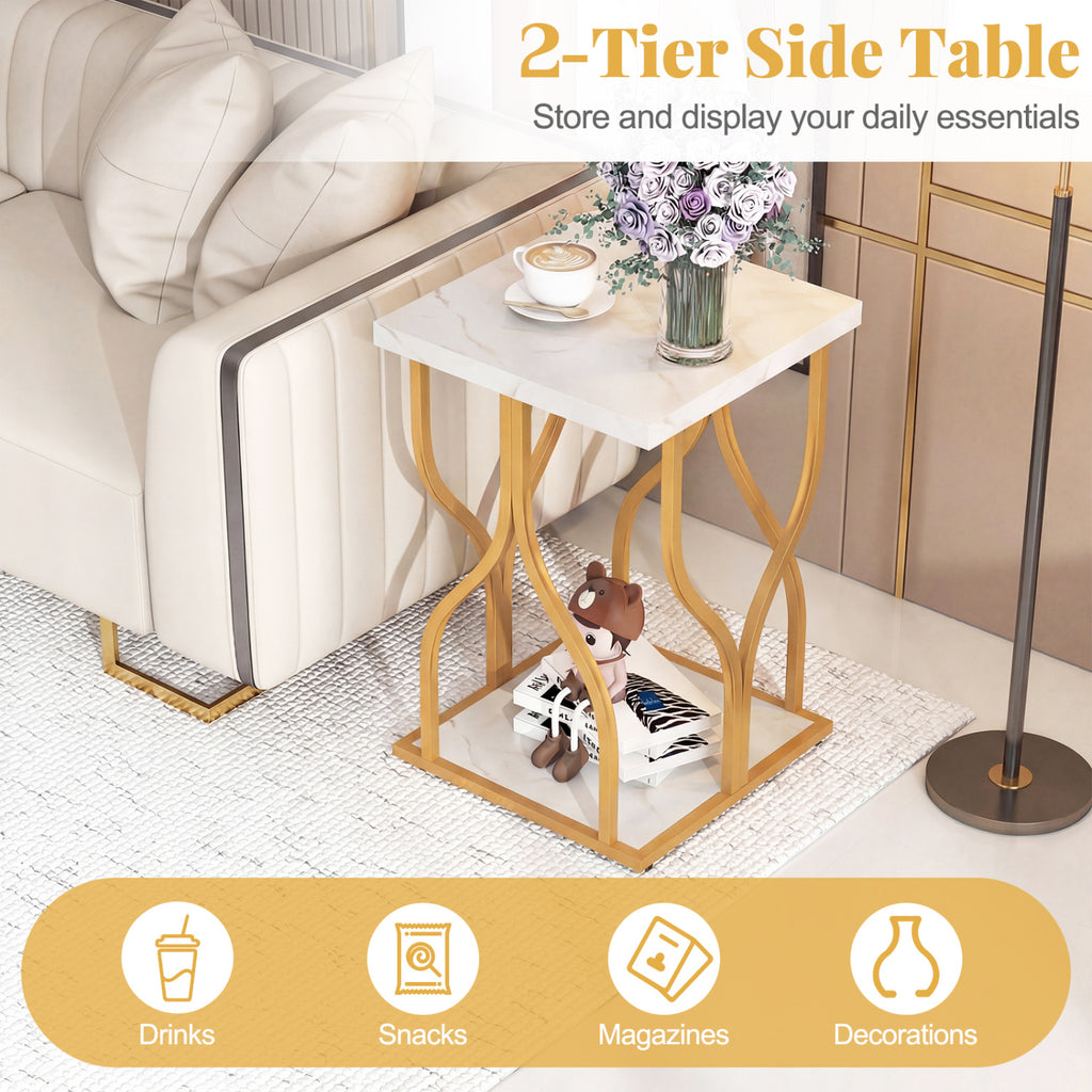 Faux Marble Bedside Night Stand with Petal Frame, White
