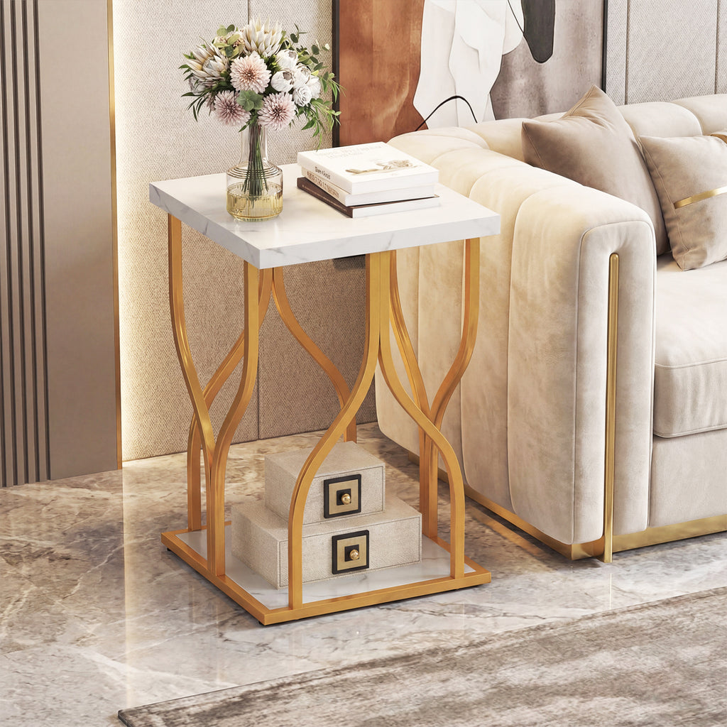 Faux Marble Bedside Night Stand with Petal Frame, White