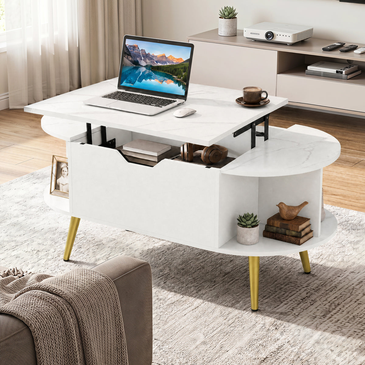 Faux Marble Lift Top Coffee Table with Storage - White