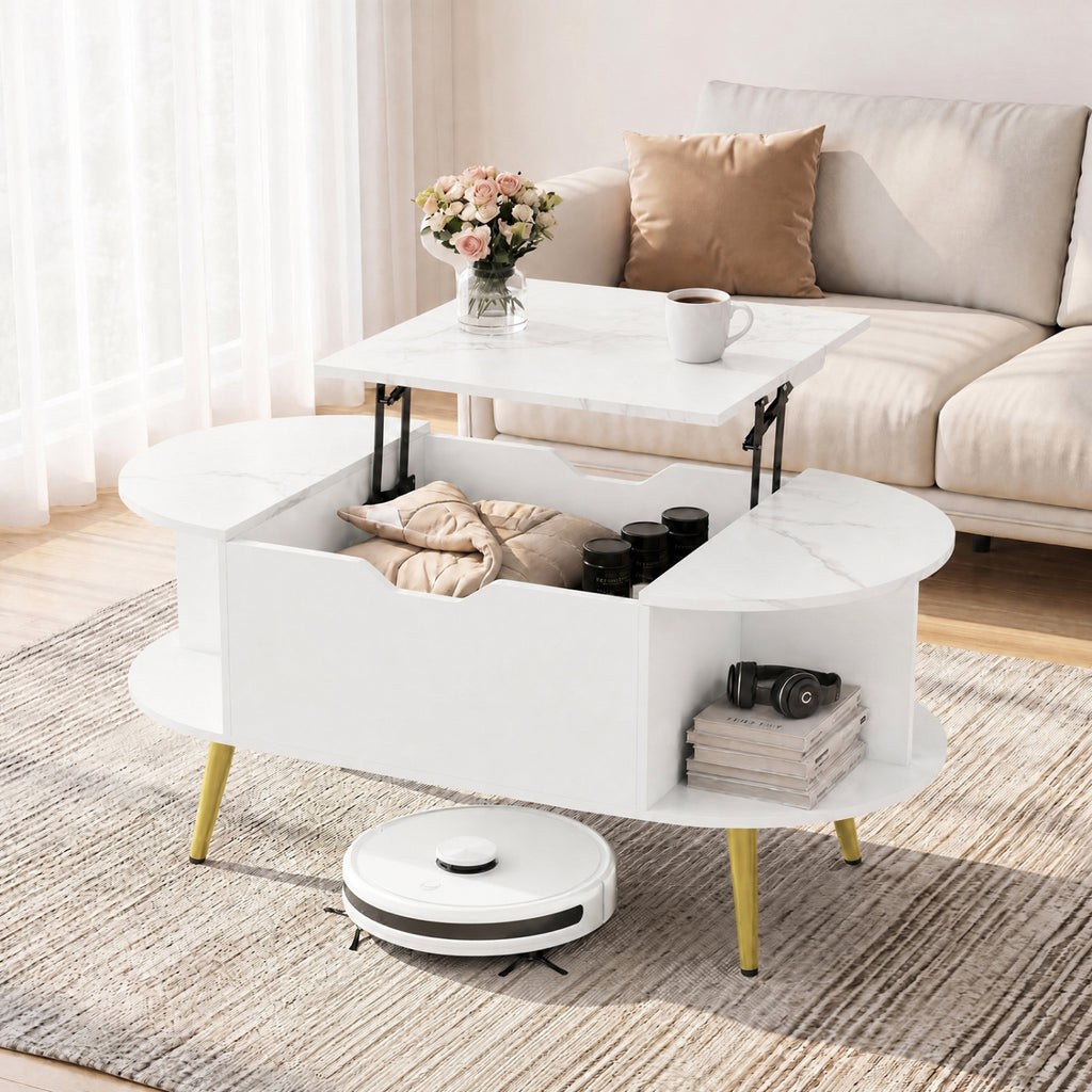 Faux Marble Lift Top Coffee Table with Storage - White