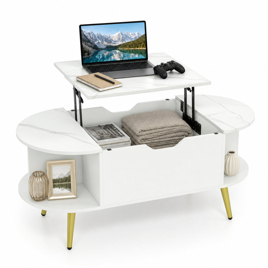 Faux Marble Lift Top Coffee Table with Storage - White
