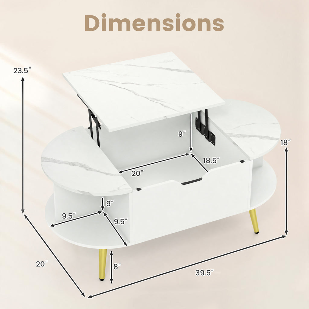 Faux Marble Lift Top Coffee Table with Storage - White