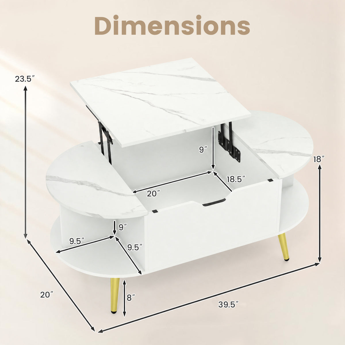 Faux Marble Lift Top Coffee Table with Storage - White