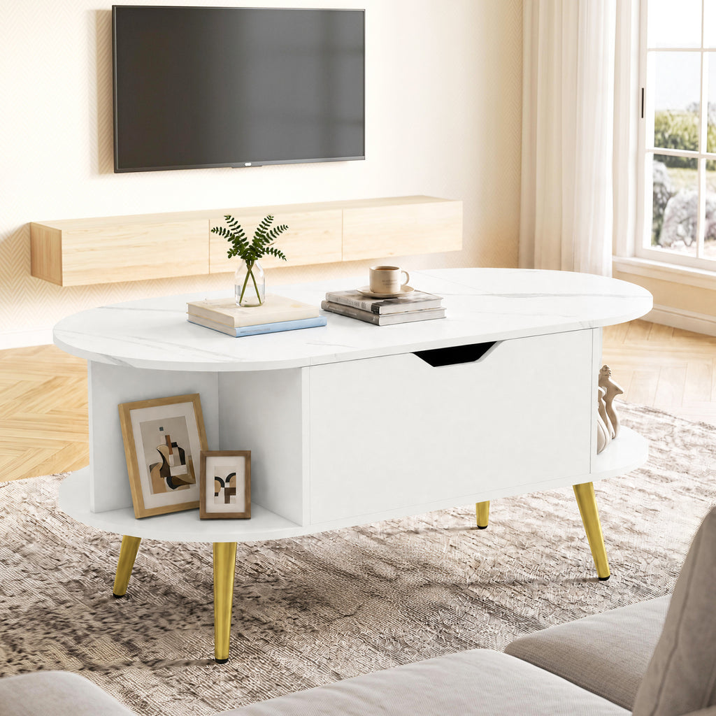 Faux Marble Lift Top Coffee Table with Storage - White