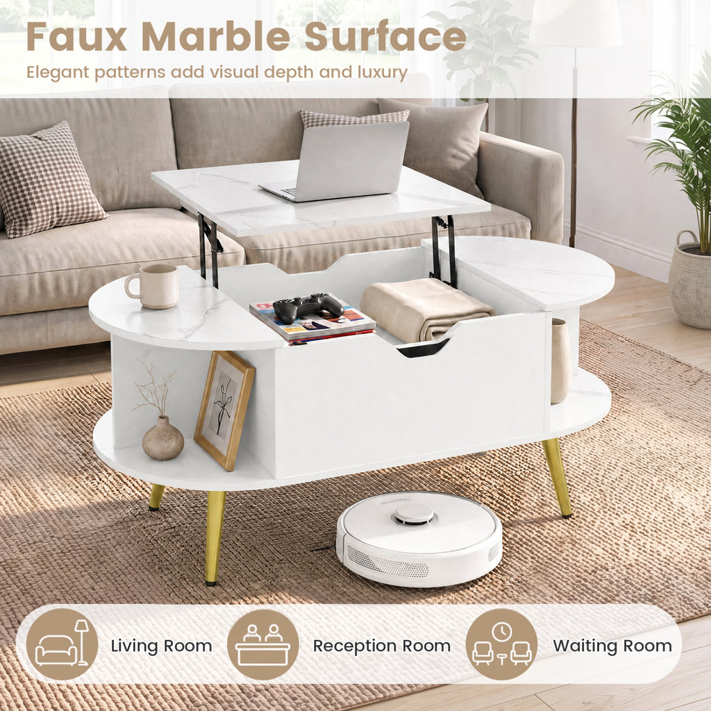 Faux Marble Lift Top Coffee Table with Storage - White