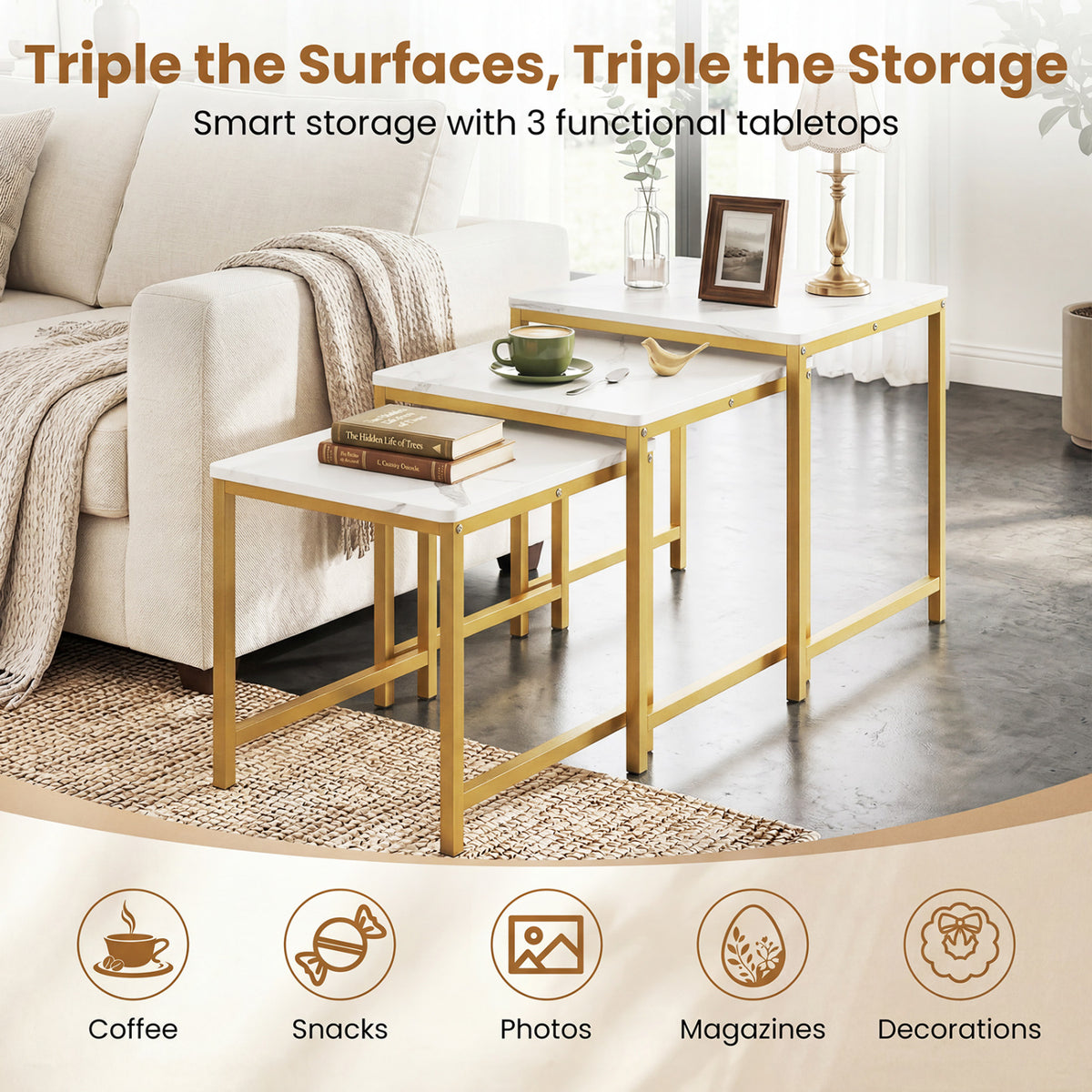 Faux Marble Nesting Table Set of 3 - White