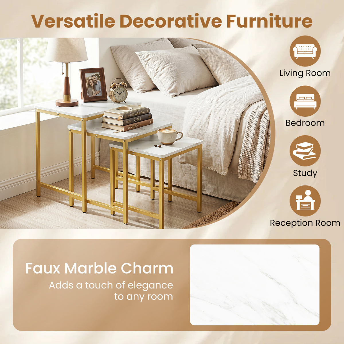 Faux Marble Nesting Table Set of 3 - White