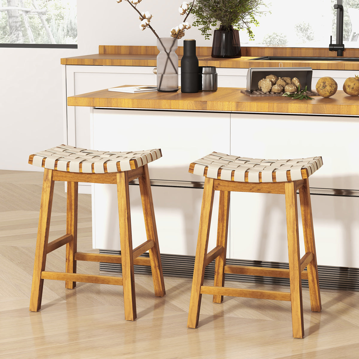 Faux PU Leather Bar Stools Set of 2, 31 inches - Woven Curved Seat