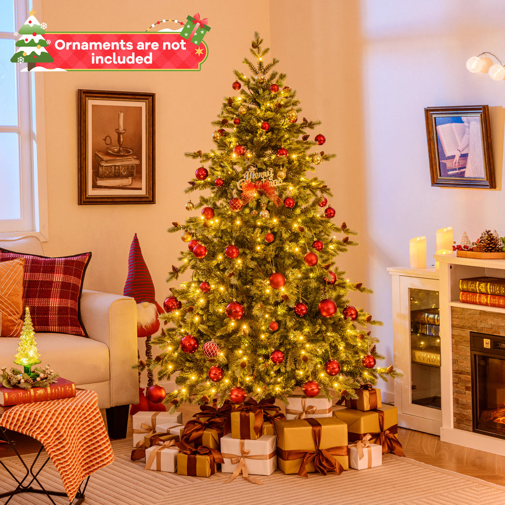 6 Ft Christmas Tree with Warm White LED Lights & Pine Cones - Costway