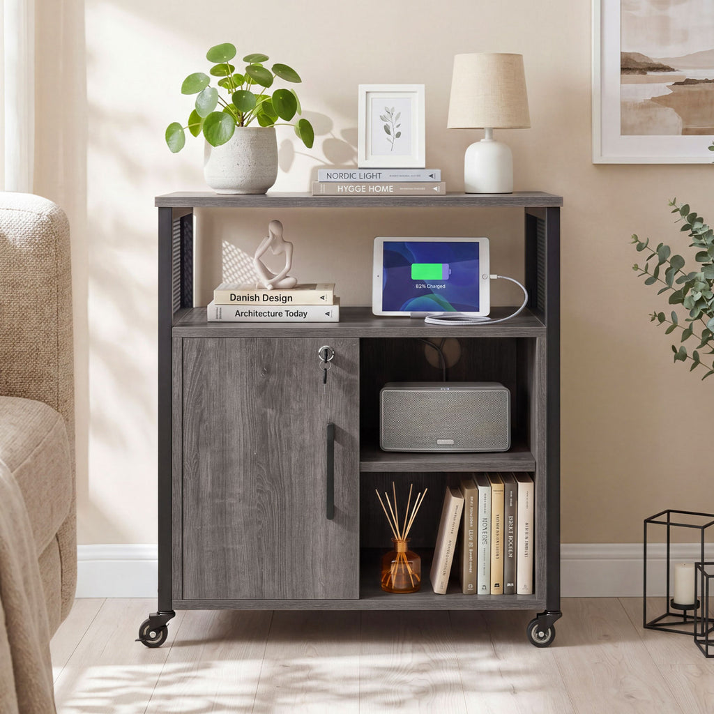 File Cabinet on Wheels with Charging Station - Gray