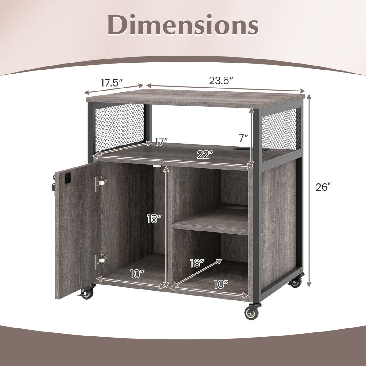 File Cabinet on Wheels with Charging Station - Gray