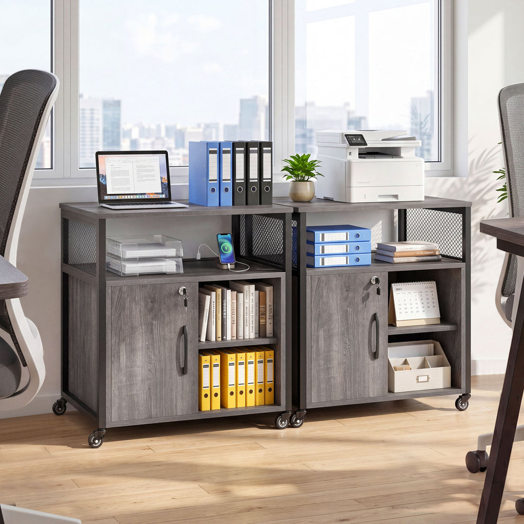 File Cabinet on Wheels with Charging Station - Gray