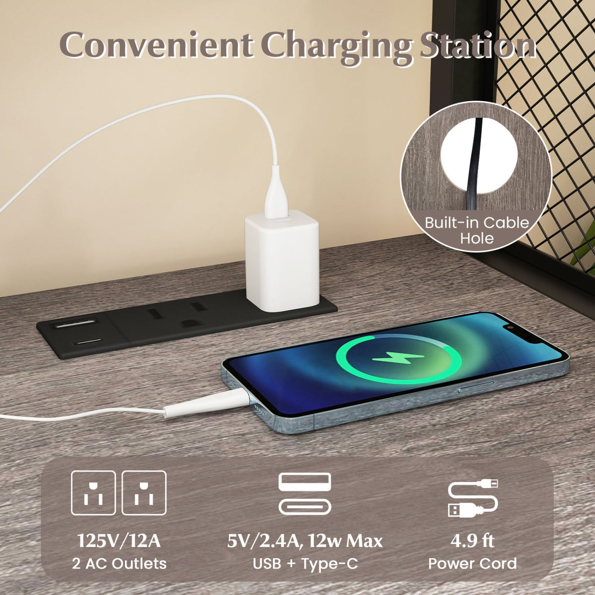 File Cabinet on Wheels with Charging Station - Gray