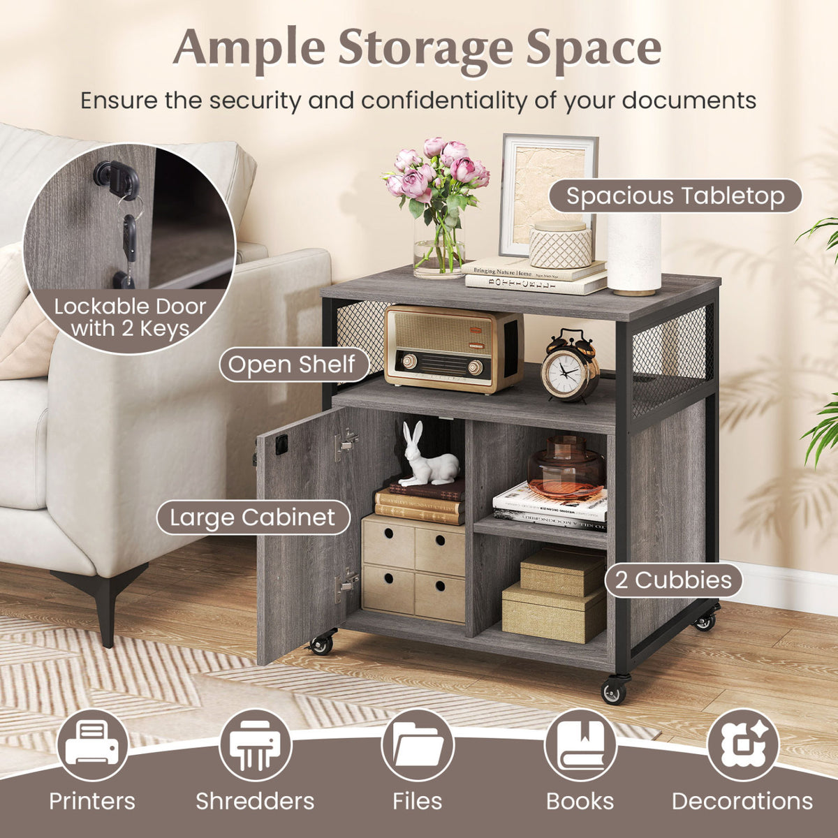 File Cabinet on Wheels with Charging Station - Gray