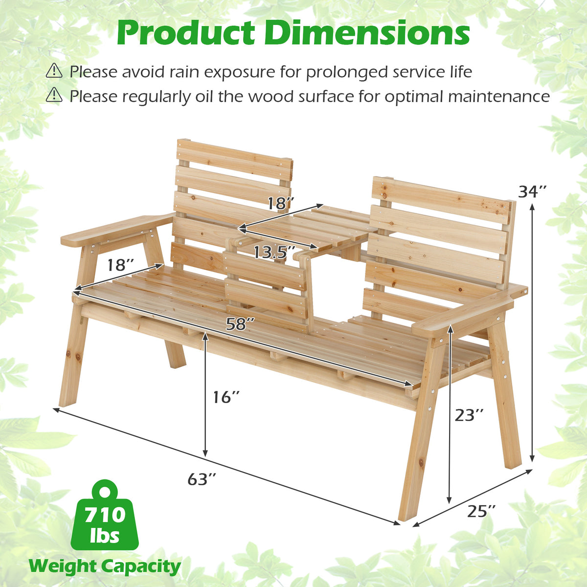 Outdoor Fir Wood Bench with Foldable Middle Table - Natural
