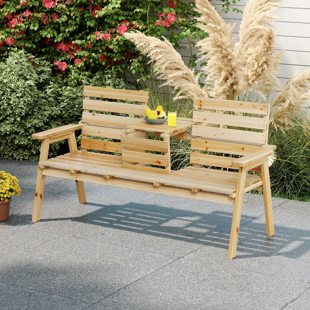 Outdoor Fir Wood Bench with Foldable Middle Table - Natural