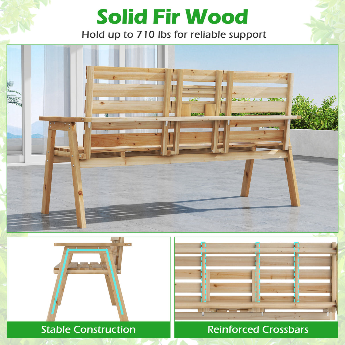 Outdoor Fir Wood Bench with Foldable Middle Table