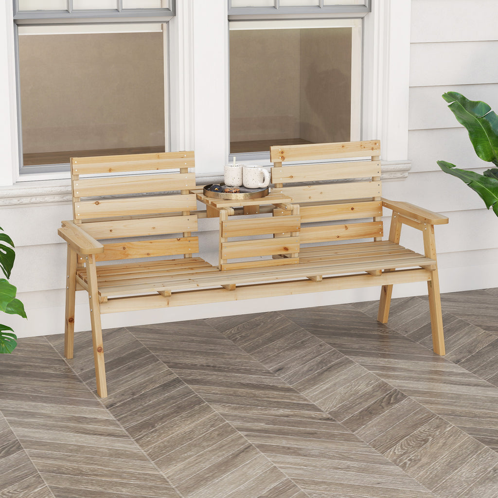Outdoor Fir Wood Bench with Foldable Middle Table - Natural