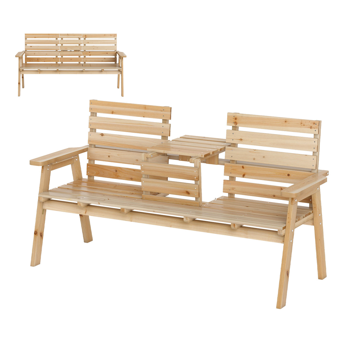 Outdoor Fir Wood Bench with Foldable Middle Table - Natural
