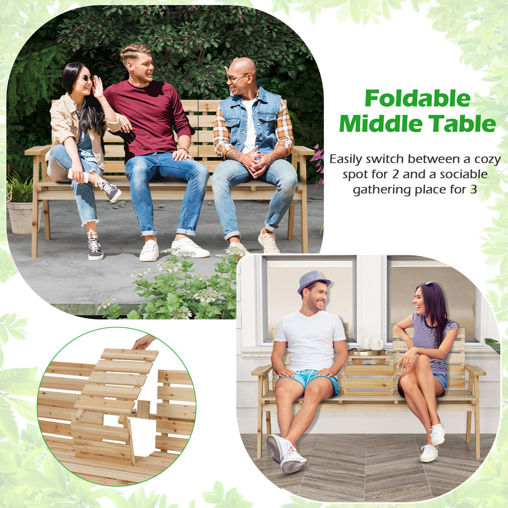 Outdoor Fir Wood Bench with Foldable Middle Table - Natural