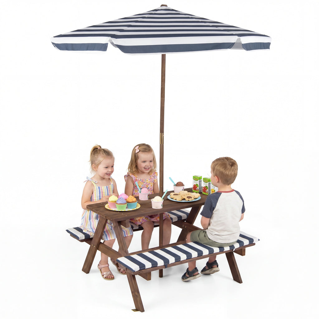 Kids Picnic Table with Benches & Umbrella - 36 x 31.5 x 20 Navy, Fir Wood