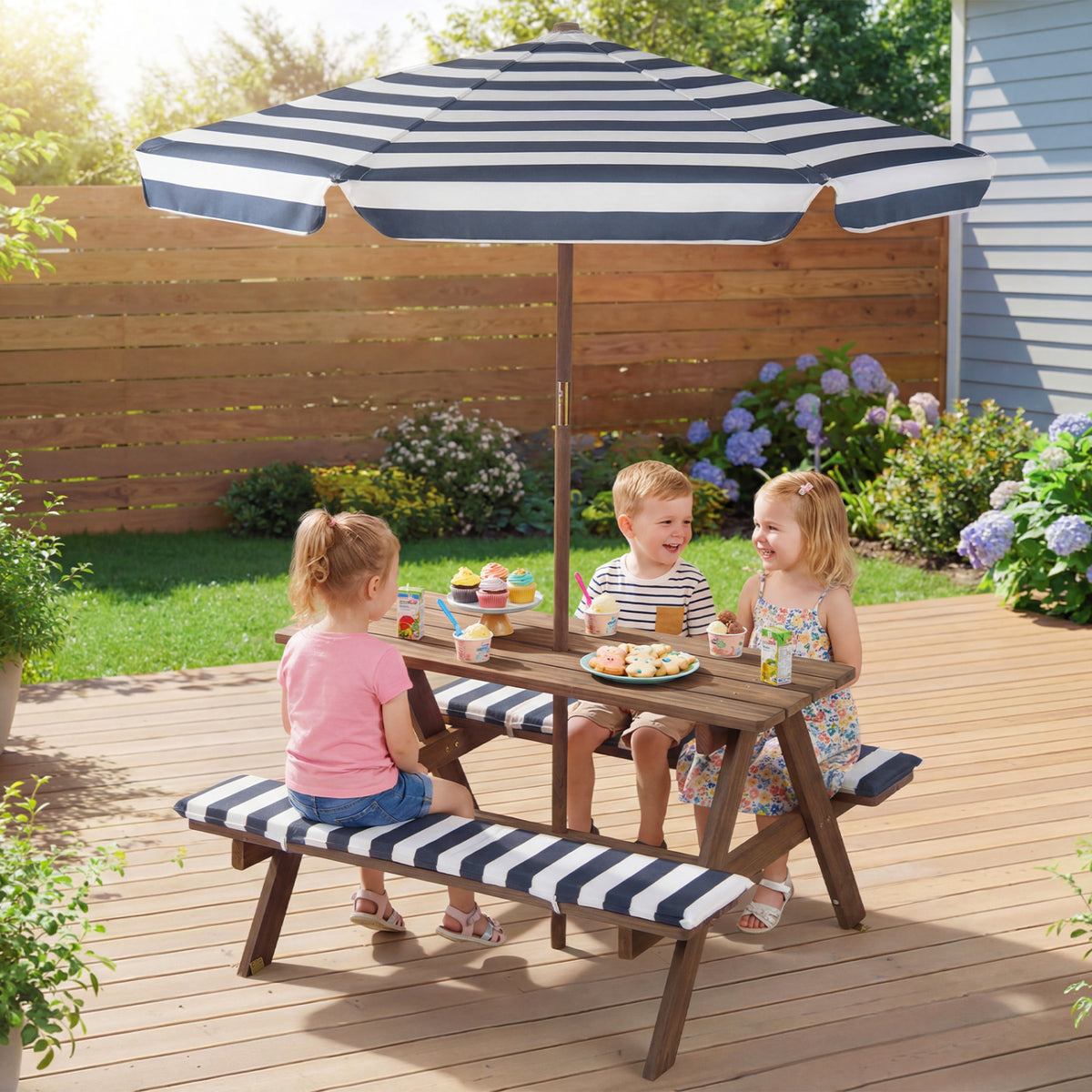 Kids Picnic Table with Benches & Umbrella - 36 x 31.5 x 20 Navy, Fir Wood