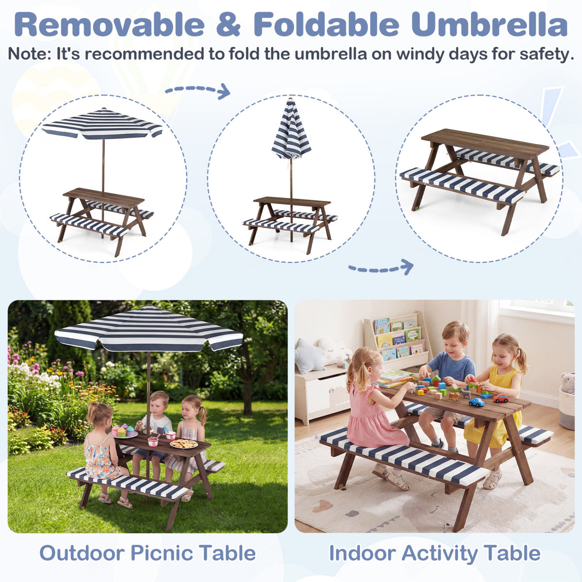 Kids Picnic Table with Benches & Umbrella - 36 x 31.5 x 20 Navy, Fir Wood