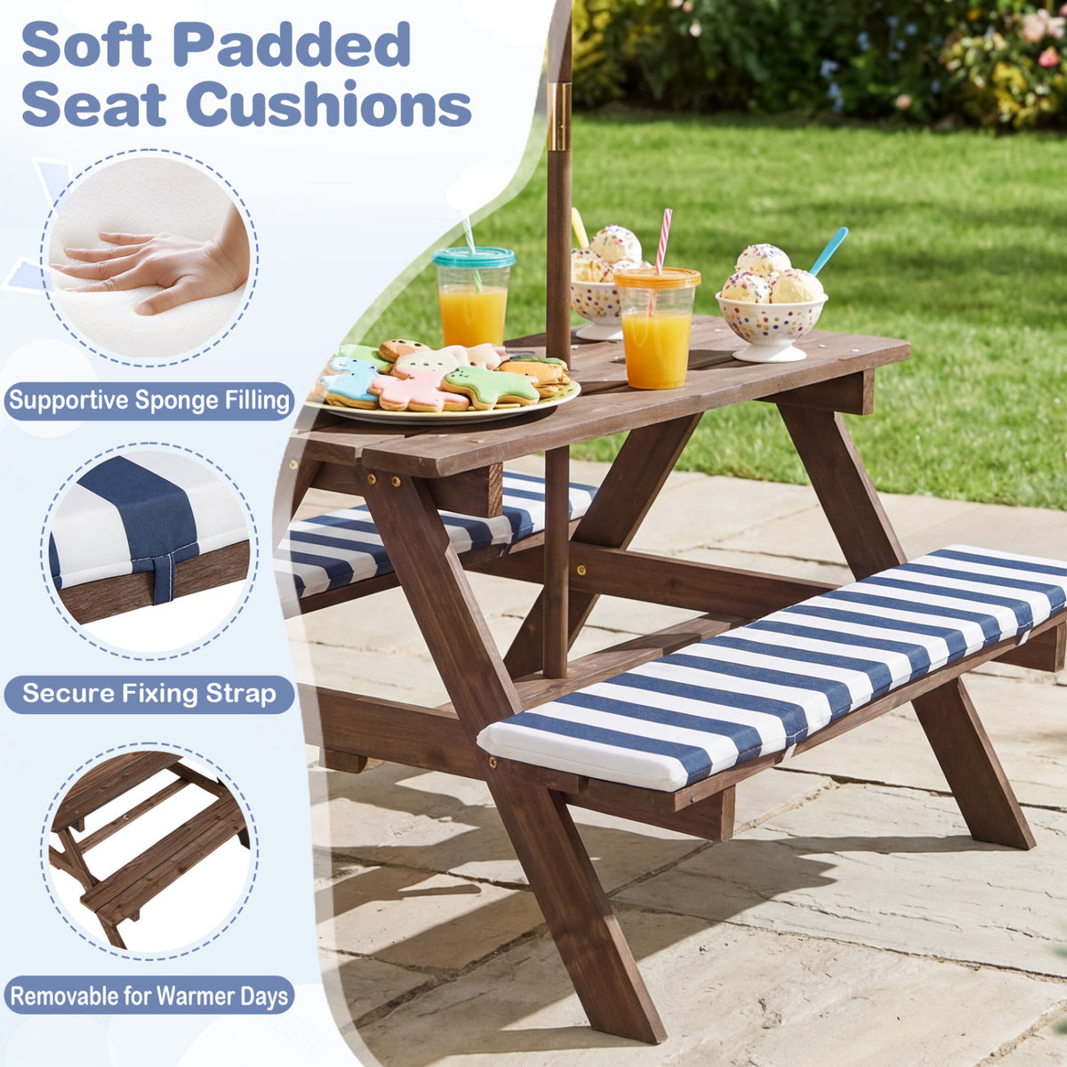 Kids Picnic Table with Benches & Umbrella - 36 x 31.5 x 20 Navy, Fir Wood