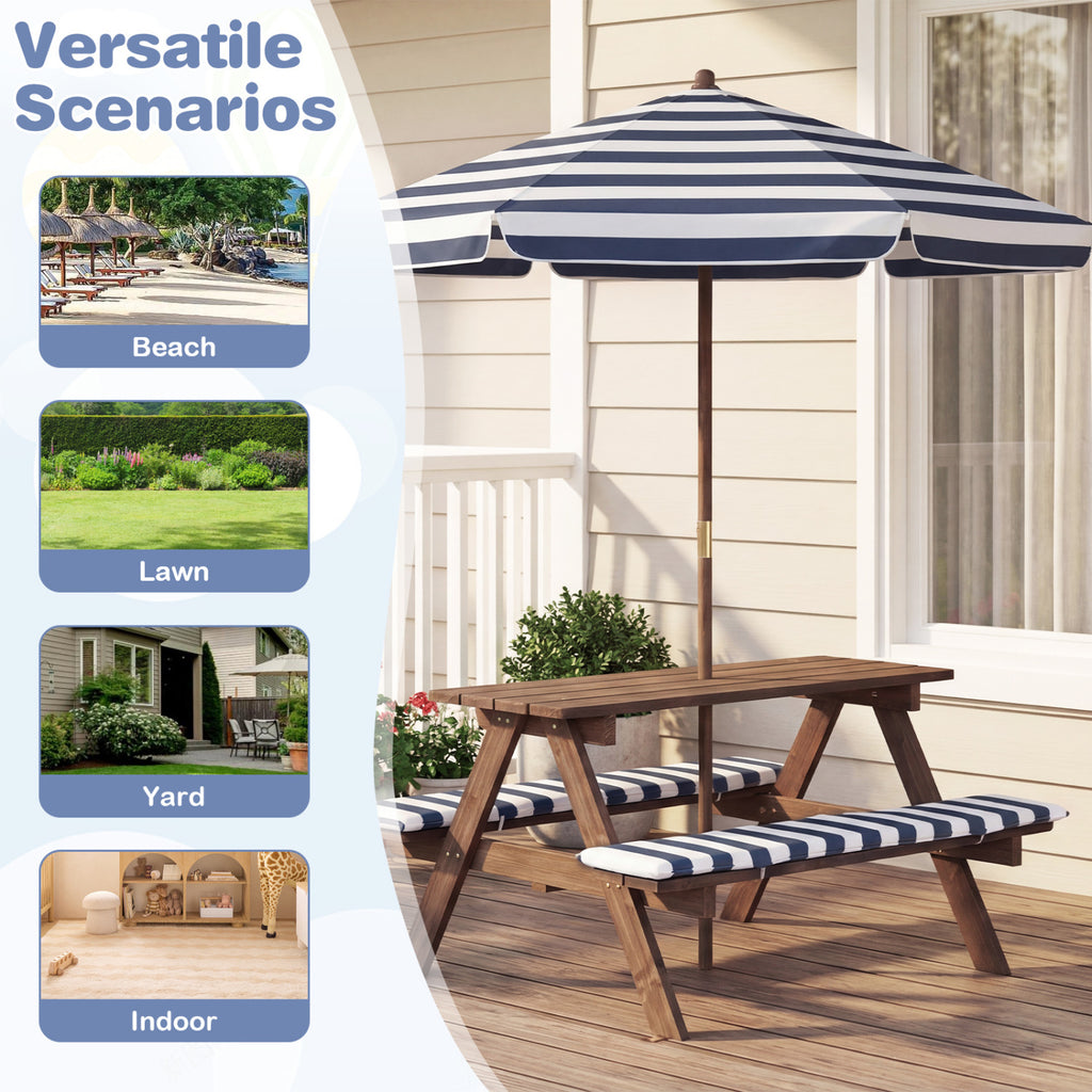 Kids Picnic Table with Benches & Umbrella - 36 x 31.5 x 20 Navy, Fir Wood