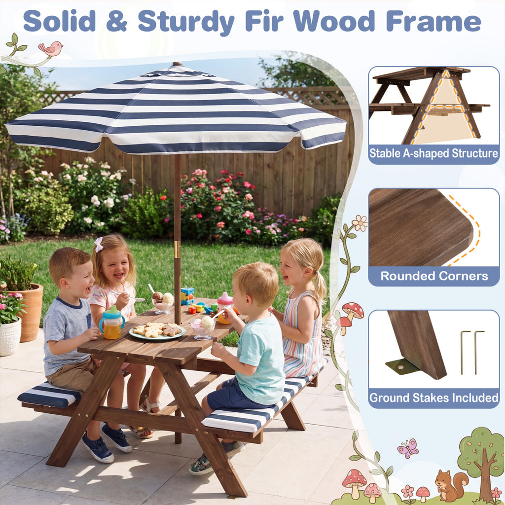 Kids Picnic Table with Benches & Umbrella - 36 x 31.5 x 20 Navy, Fir Wood