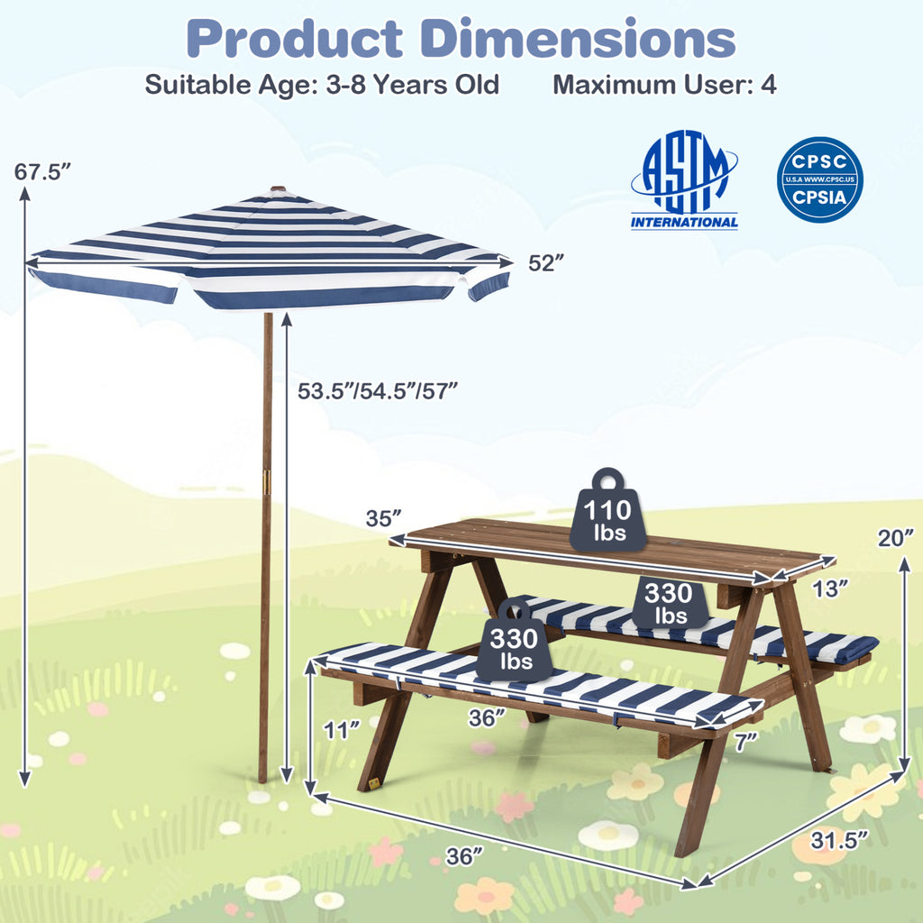Kids Picnic Table with Benches & Umbrella - 36 x 31.5 x 20 Navy, Fir Wood