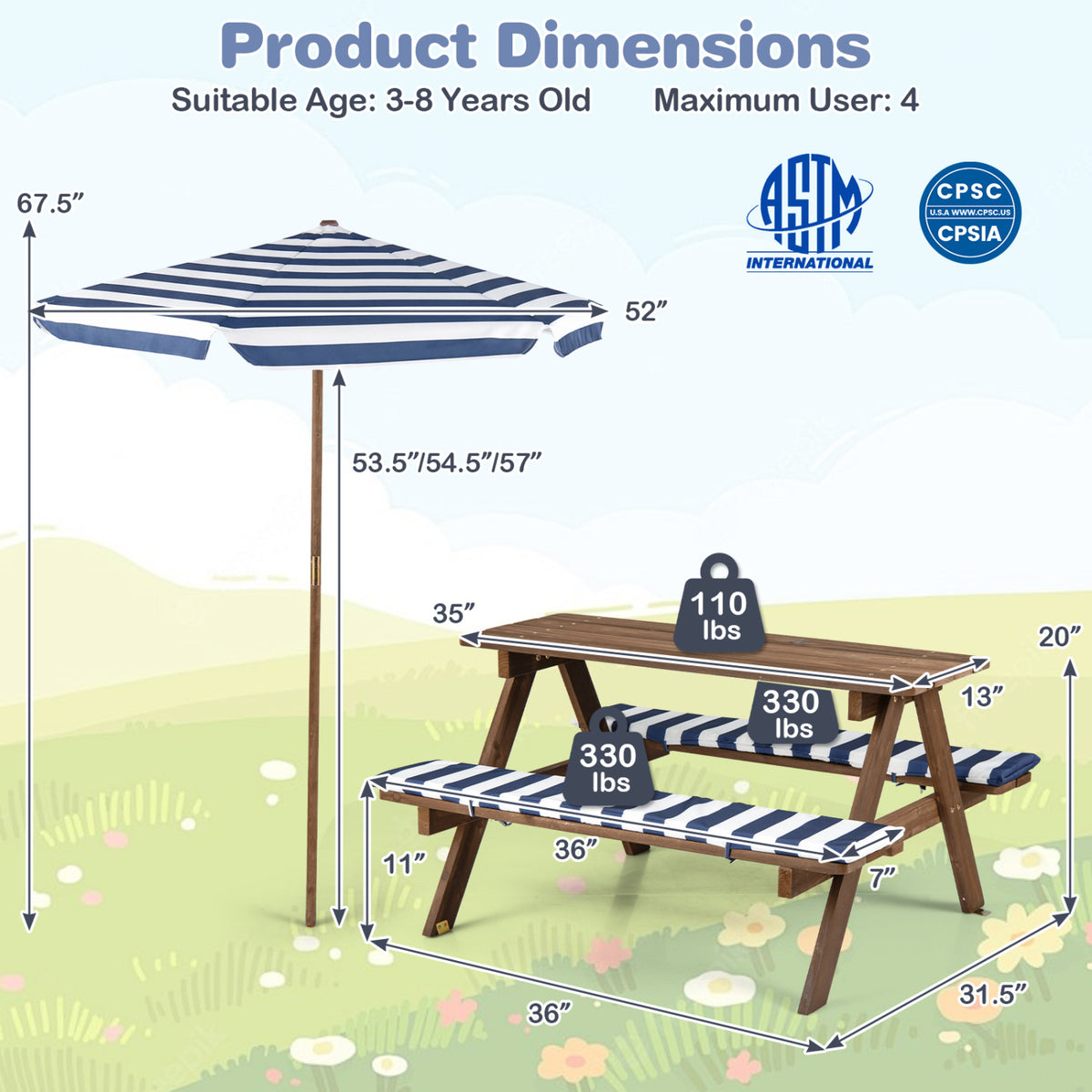 Kids Picnic Table with Benches & Umbrella - 36 x 31.5 x 20 Navy, Fir Wood
