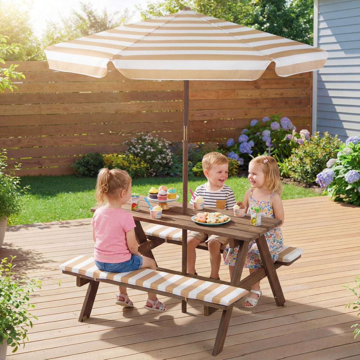Kids Picnic Table with Benches & Umbrella - 36 x 31.5 x 20 Navy, Fir Wood